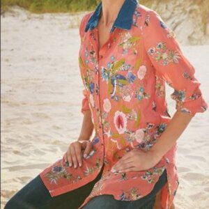 Soft Surroundings Size S Floral Embroidered Tunic Velvet Collar Orange Button Up